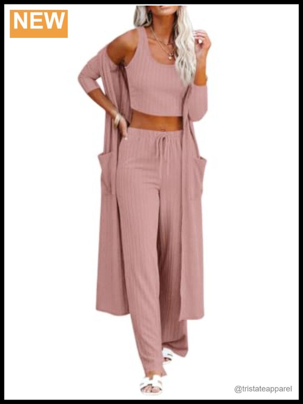 Women's 3 Piece Lounge Pajama Set Ribbed Knit Crop Tank Wide Leg Pants Cardigan